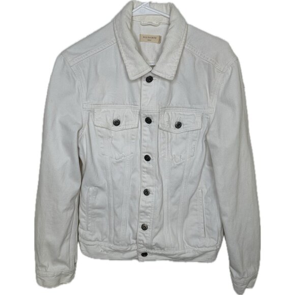 All Saints White Denim Jacket Mens Small White Jean Distressed Grunge Trucker - Picture 2 of 10